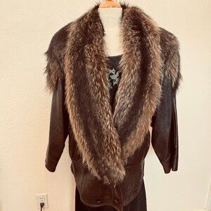 Womans XL brown leather jacket Racoon fur trim on neck and shoulders VERY warm